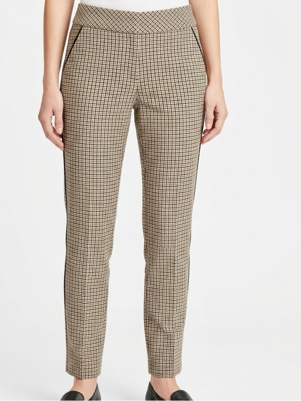 ATTYRE Stretchy Pull-On Tan Plaid Cropped Slim Trousers Ankle Ponte Pants — #LHP